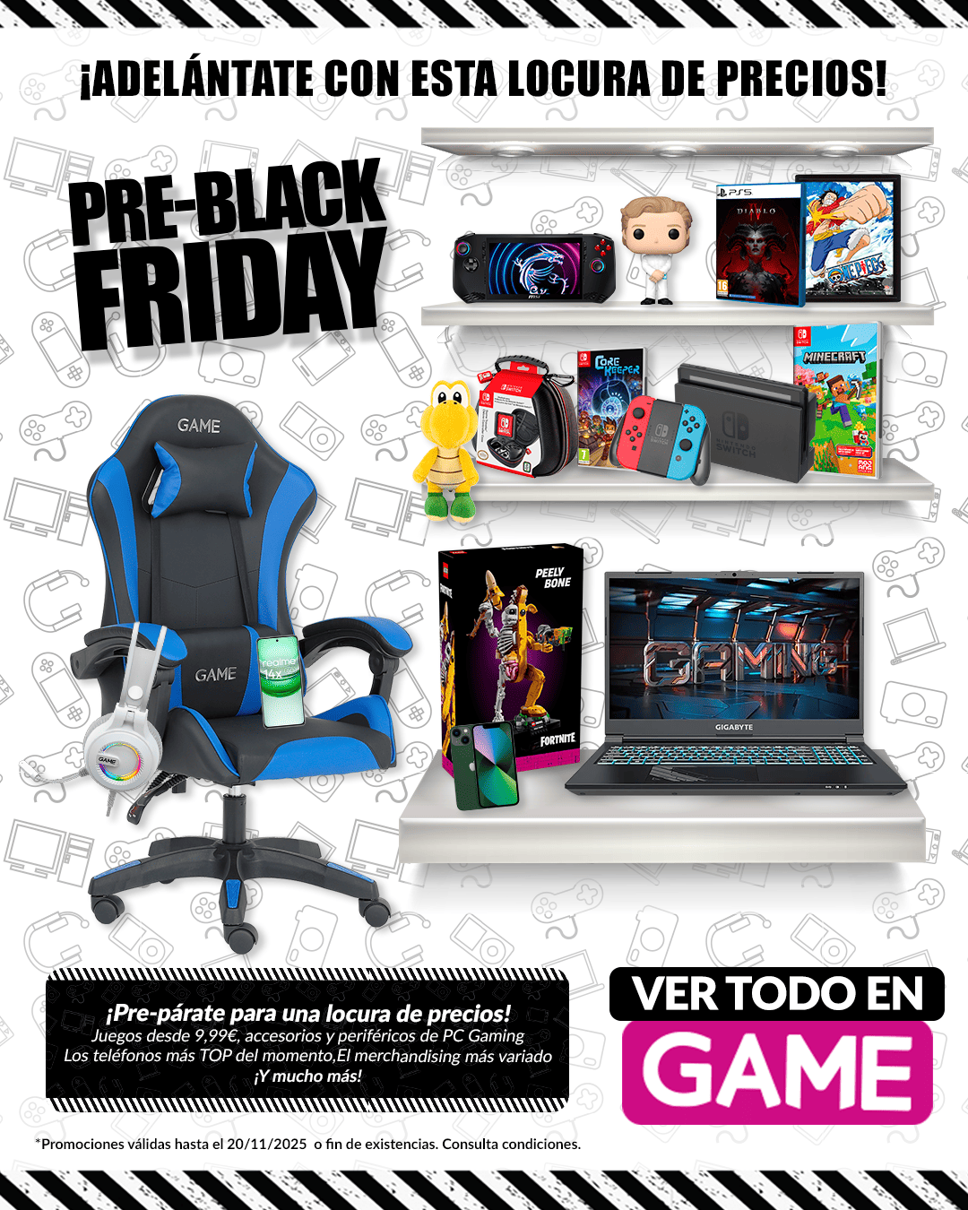 Bodegón de productos como videjuegos, merchandising o accesorios que puedes encontrar en el Pre-Black Friday de GAME