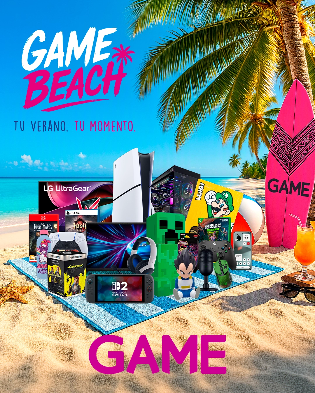 Bodegón de productos como videjuegos, merchandising o accesorios que puedes encontrar en el Pre-Black Friday de GAME