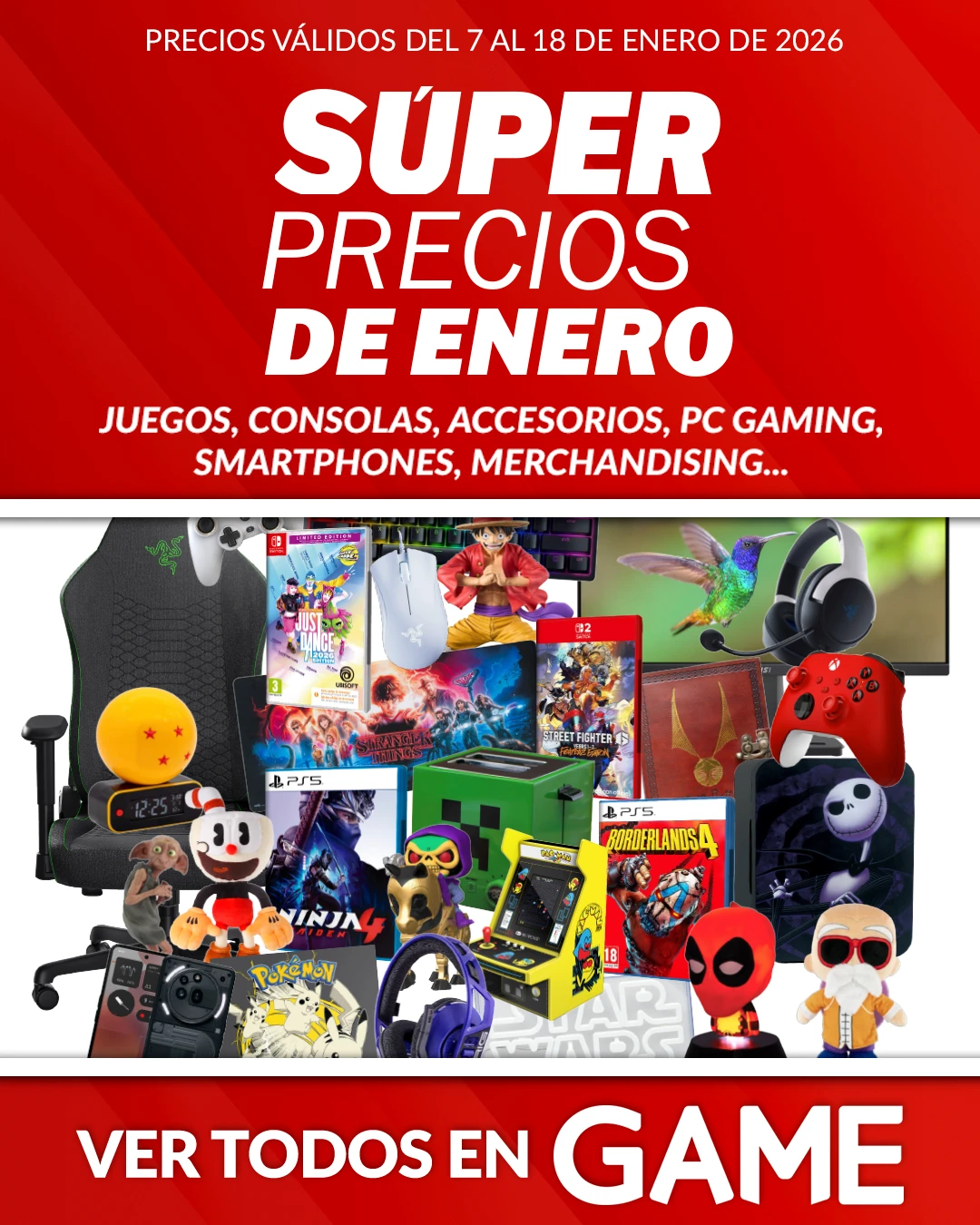 Bodegón de productos como videjuegos, merchandising o accesorios que puedes encontrar en el Pre-Black Friday de GAME