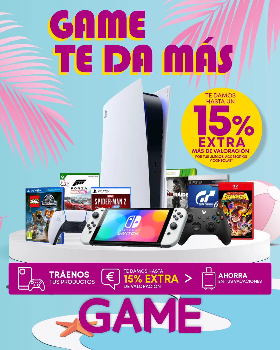 Bodegón de productos como videjuegos, merchandising o accesorios que puedes encontrar en el Pre-Black Friday de GAME