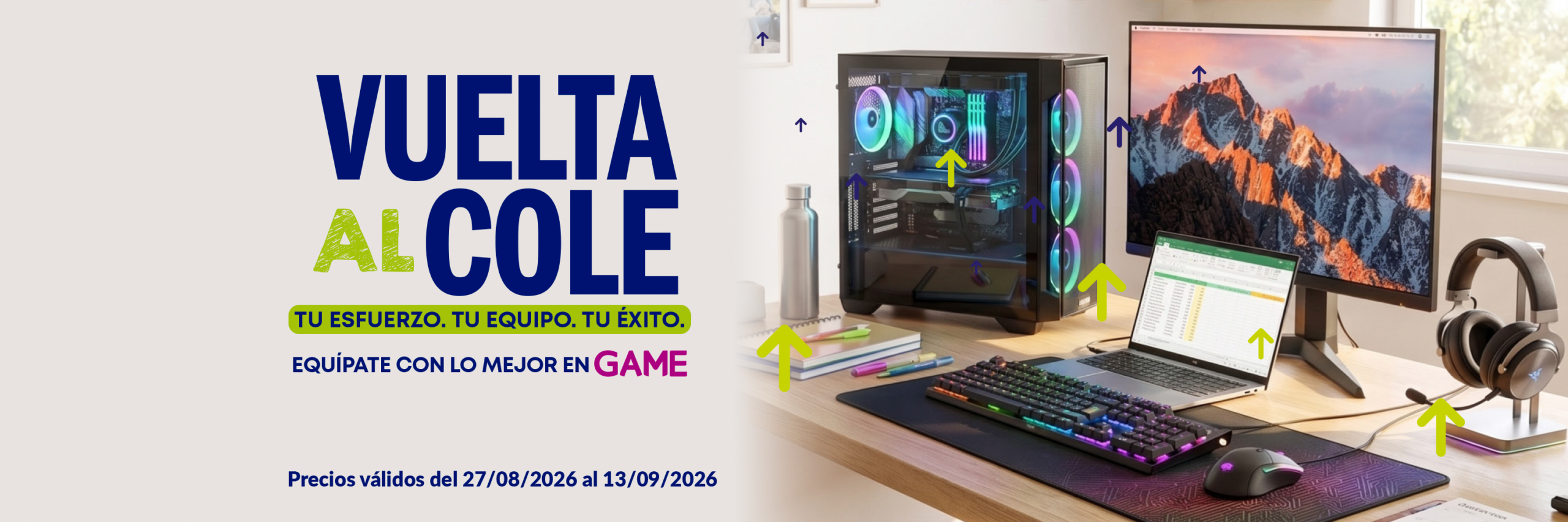 Cabecero Vuelta al Cole 2026 Bodegón de productos como videjuegos, merchandising o accesorios que puedes encontrar en el Pre-Black Friday de GAME