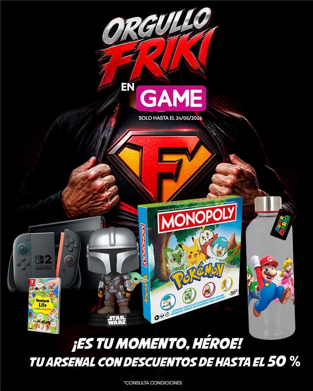 Bodegón de productos como videjuegos, merchandising o accesorios que puedes encontrar en el Pre-Black Friday de GAME