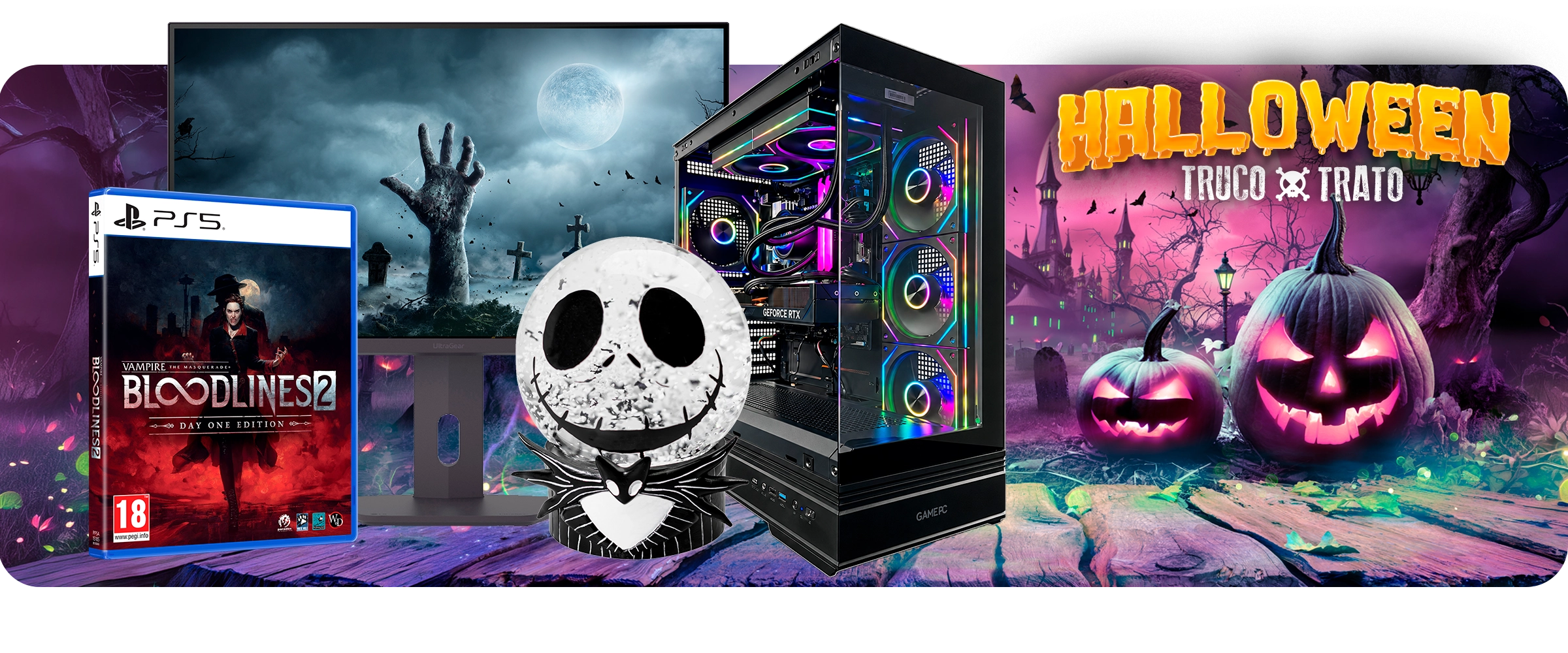 Bodegón de productos como videjuegos, merchandising o accesorios que puedes encontrar en el Pre-Black Friday de GAME