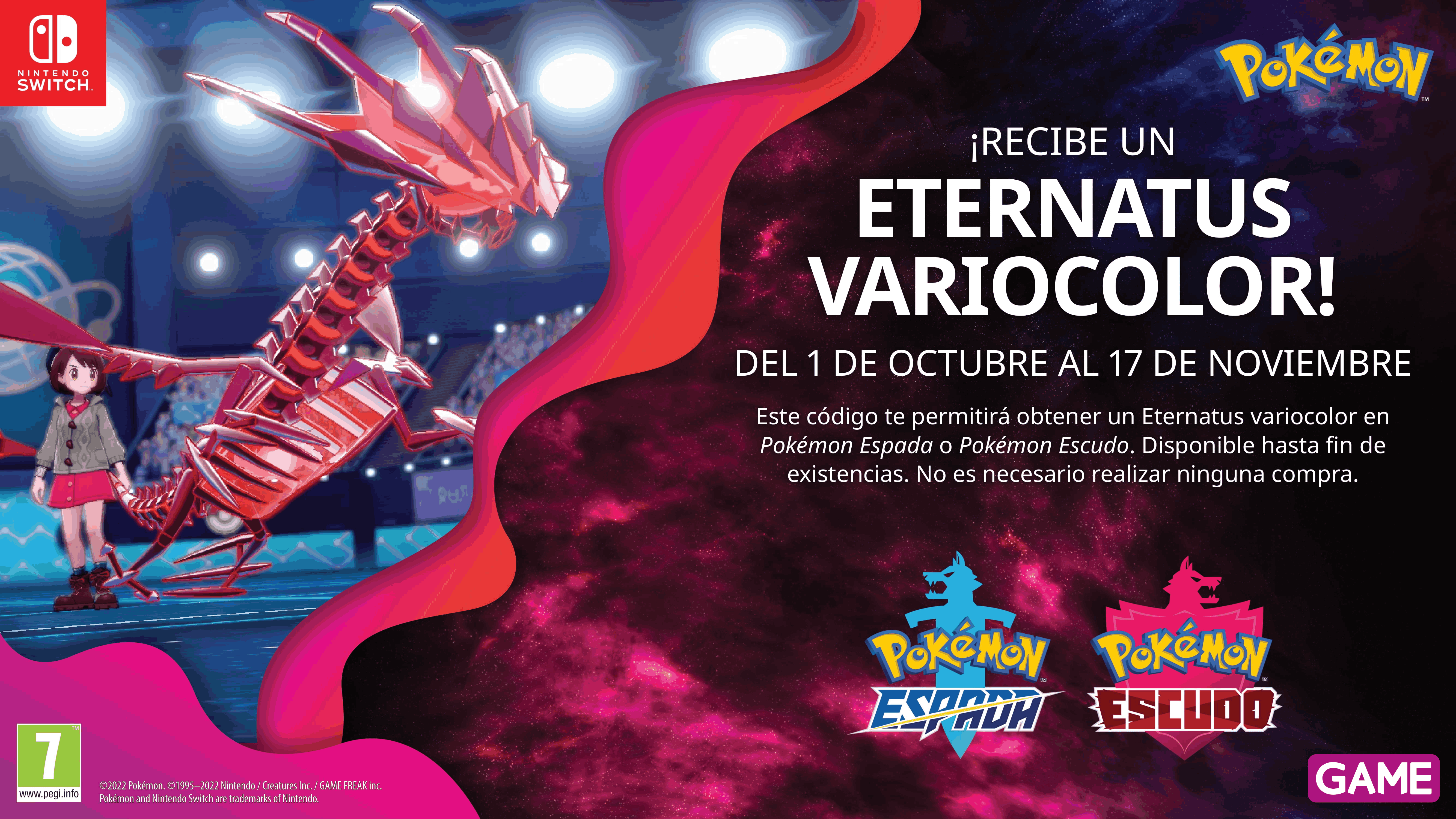 ¡Consigue ya tu Eternatus variocolor para Pokémon Espada y Escudo en GAME solo hasta el 17 de noviembre o fin de existencias!